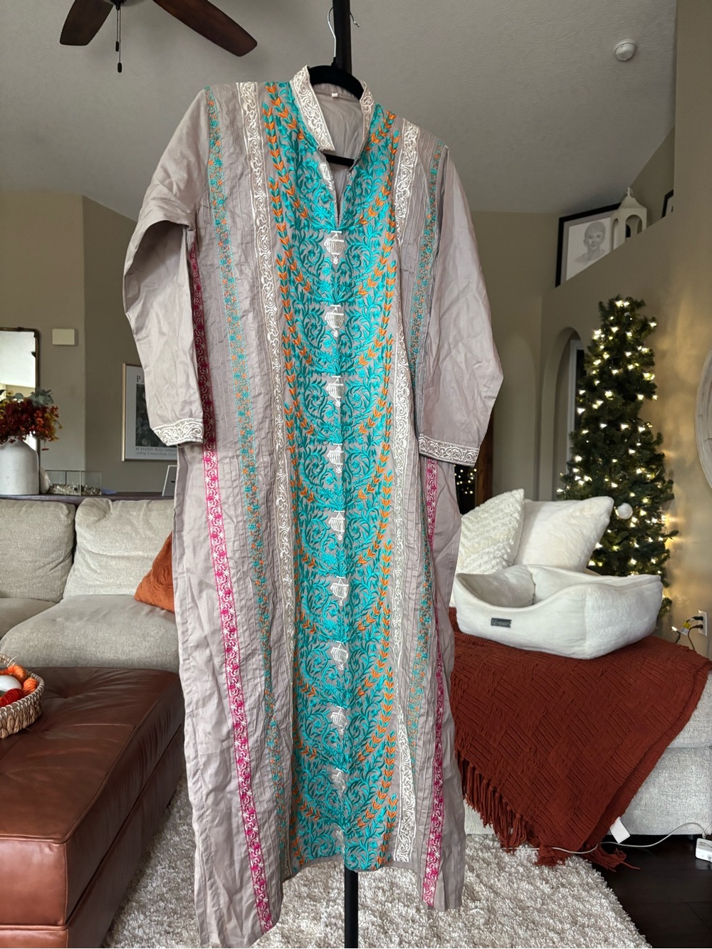 Embroidered Long Women's Coat Jacket - Turquoise & Beige